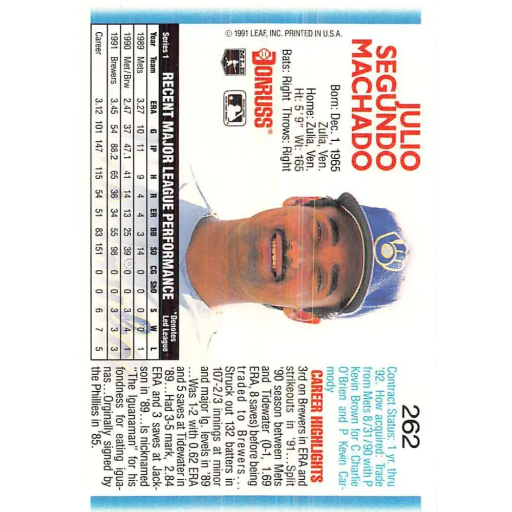 1992 Donruss #262 Julio Machado NM-MT Milwaukee Brewers Baseball Card Image 2