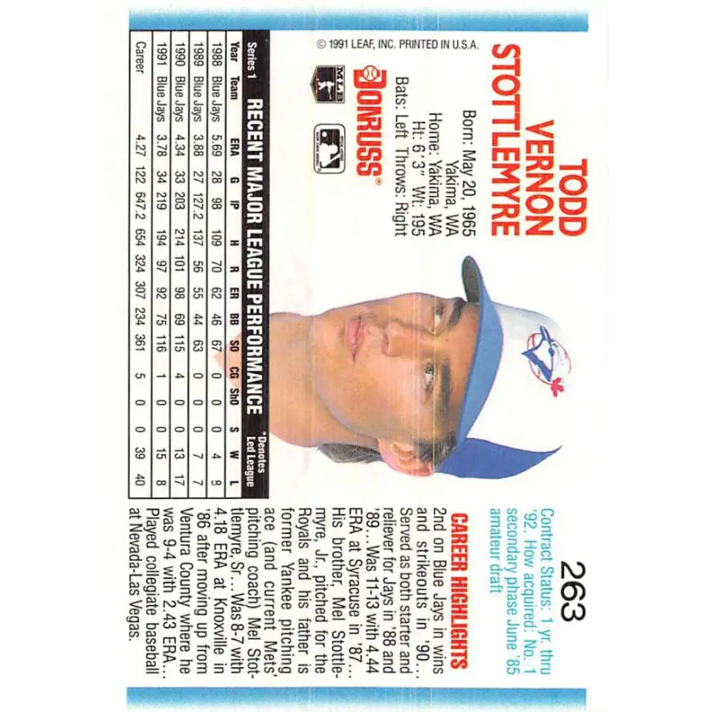 1992 Donruss #263 Todd Stottlemyre NM-MT Toronto Blue Jays Baseball Card Image 2
