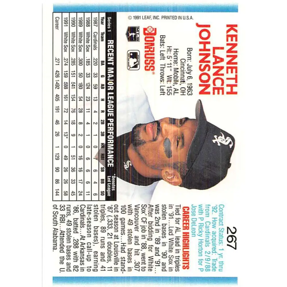 1992 Donruss #267 Lance Johnson NM-MT Chicago White Sox Baseball Card Image 2