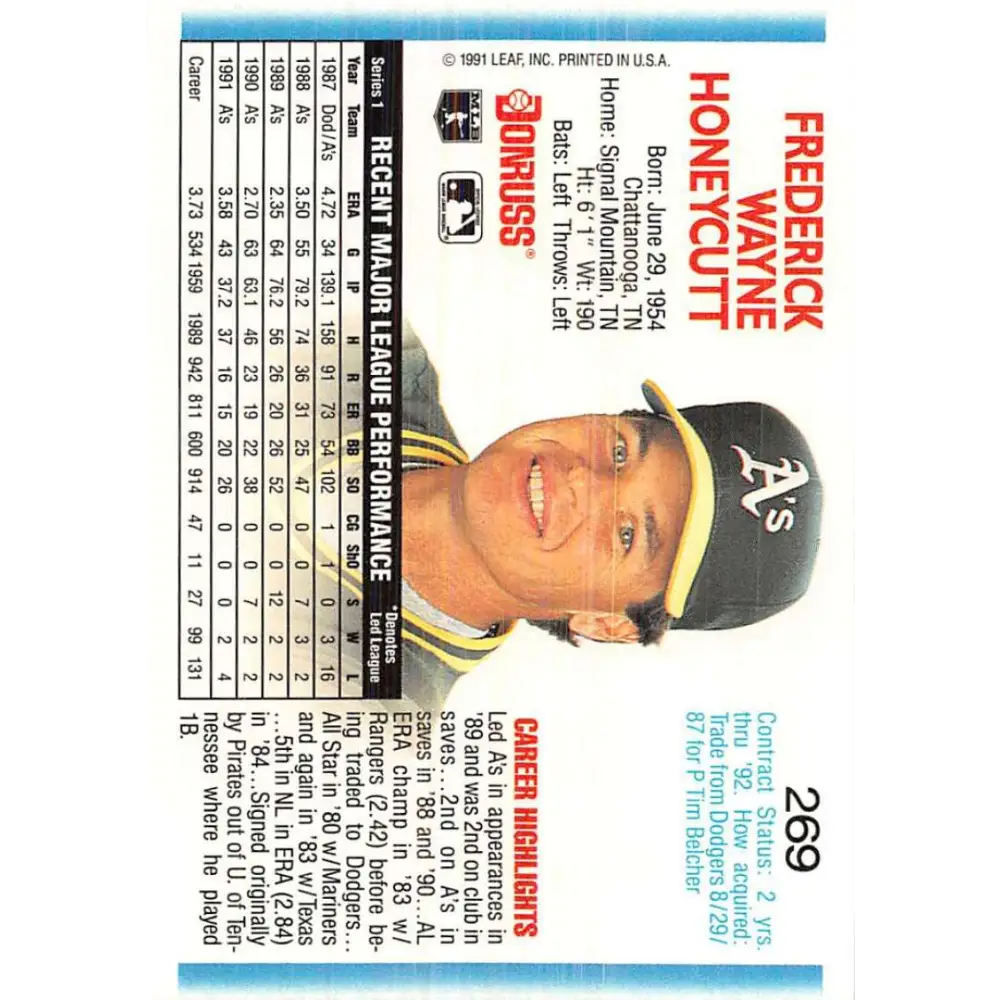 1992 Donruss #269 Rick Honeycutt NM-MT Oakland Athletics Baseball Card Image 2