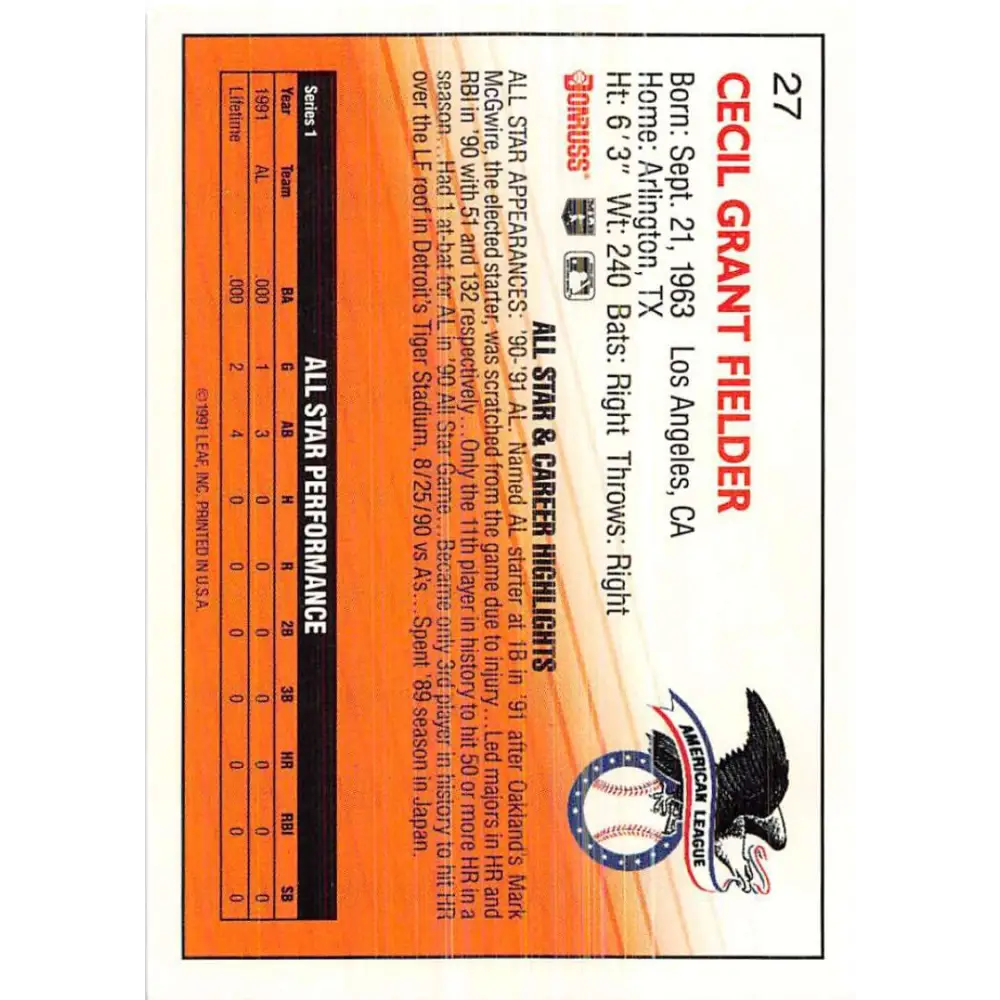 1992 Donruss #27 Cecil Fielder AS NM-MT Detroit Tigers Baseball Card Image 2