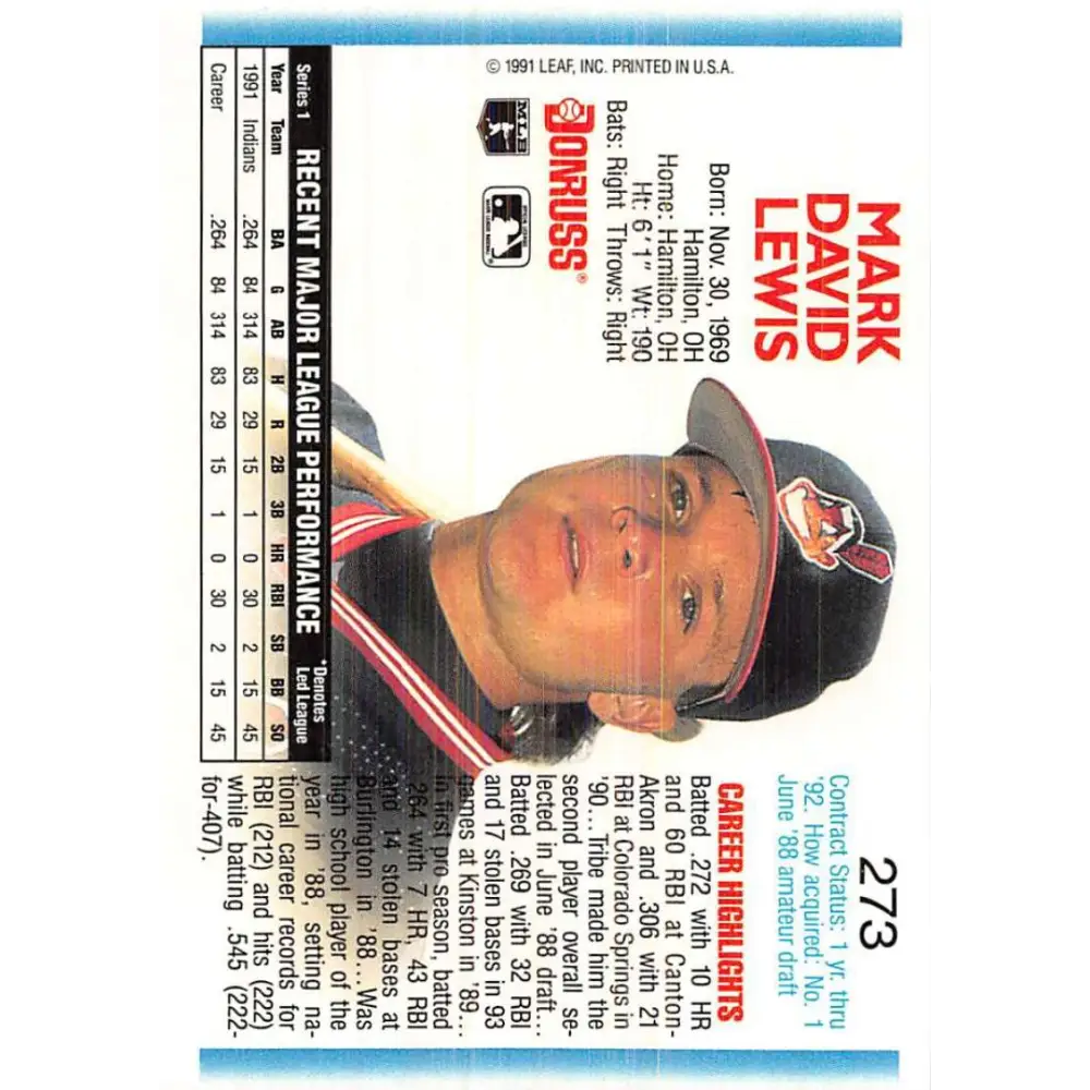 1992 Donruss #273 Mark Lewis NM-MT Cleveland Indians Baseball Card Image 2