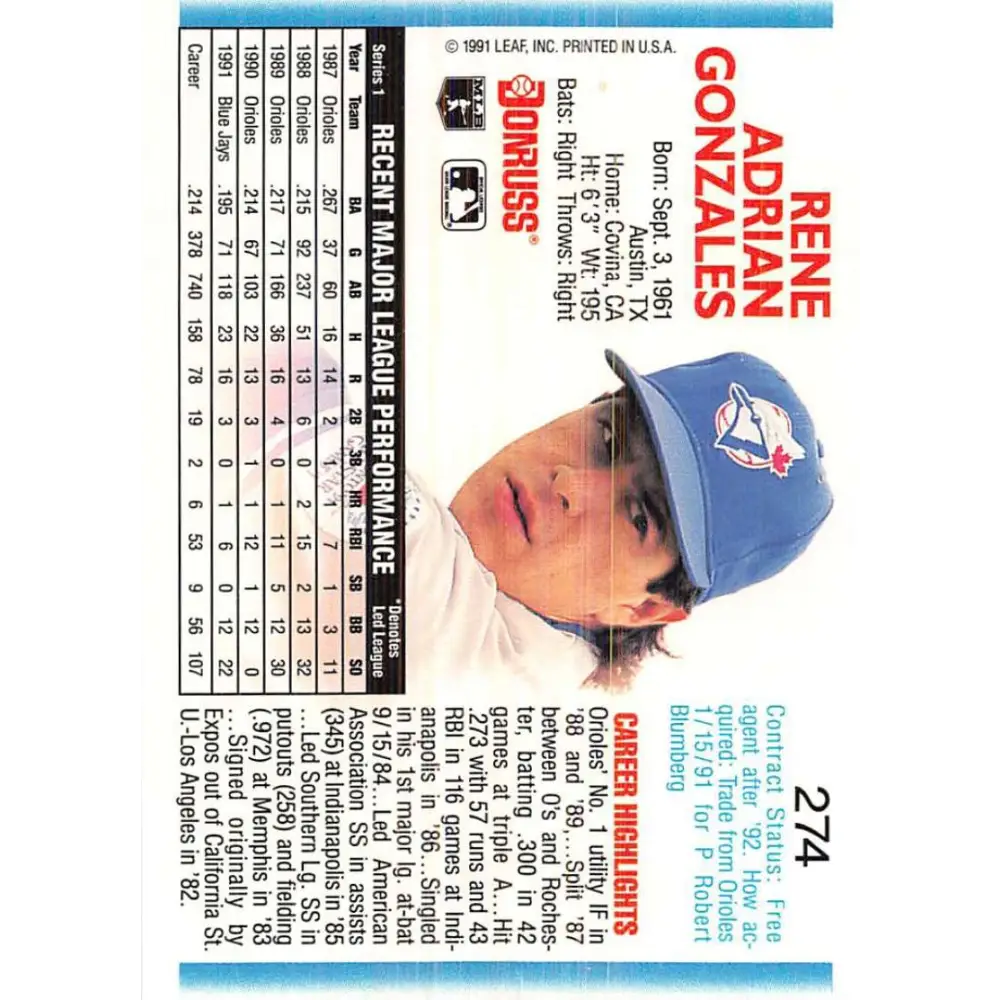 1992 Donruss #274 Rene Gonzales NM-MT Toronto Blue Jays Baseball Card Image 2