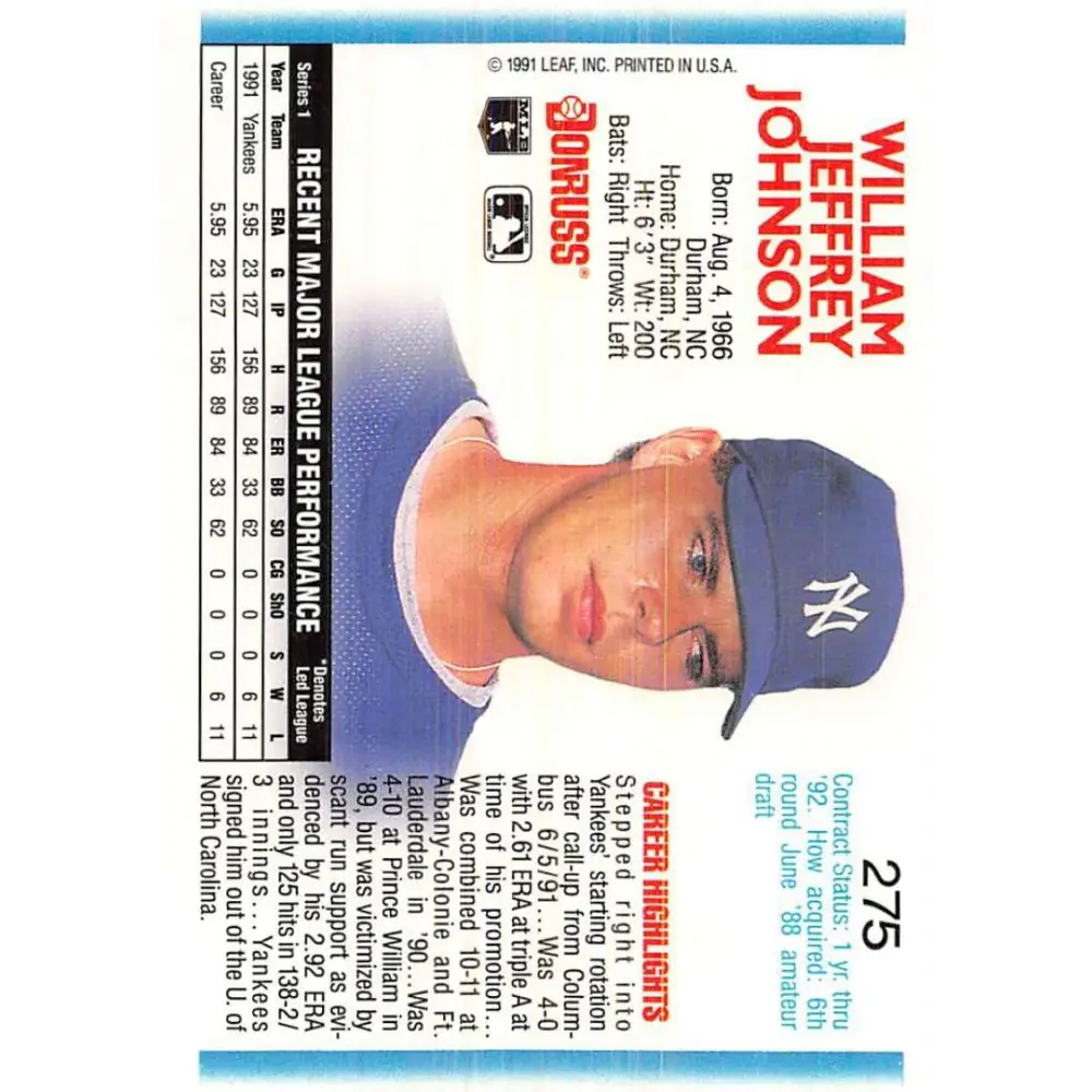 1992 Donruss #275 Jeff Johnson NM-MT New York Yankees Baseball Card Image 2
