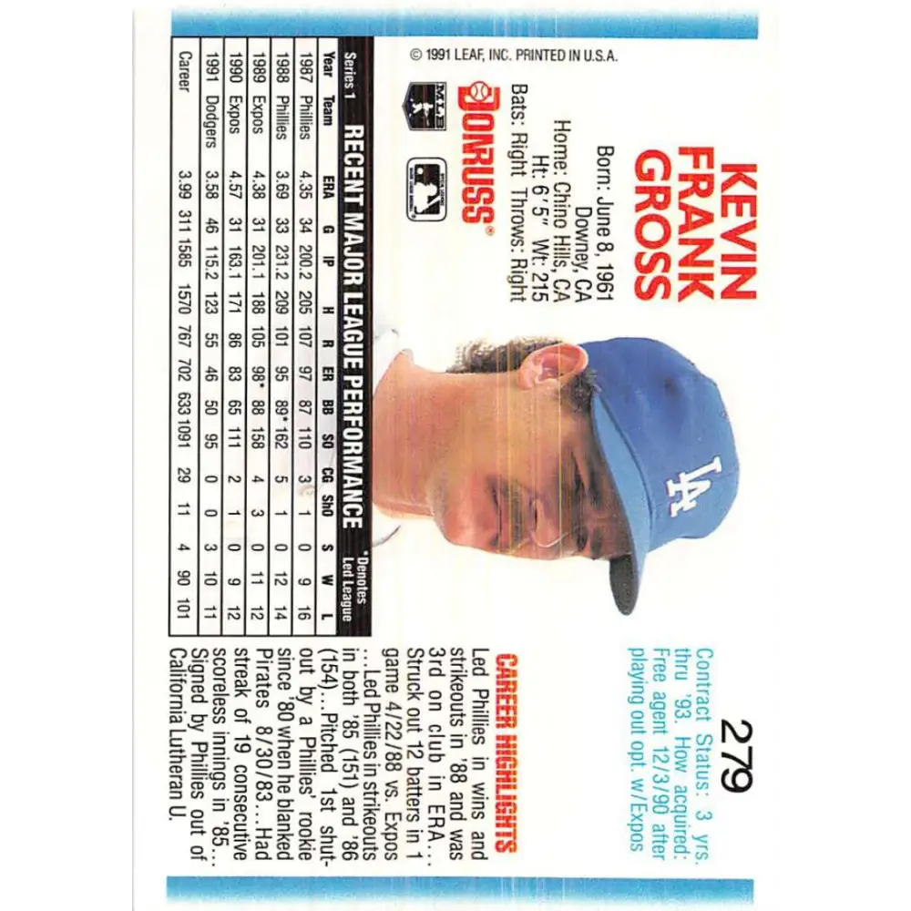 1992 Donruss #279 Kevin Gross NM-MT Los Angeles Dodgers Baseball Card Image 2