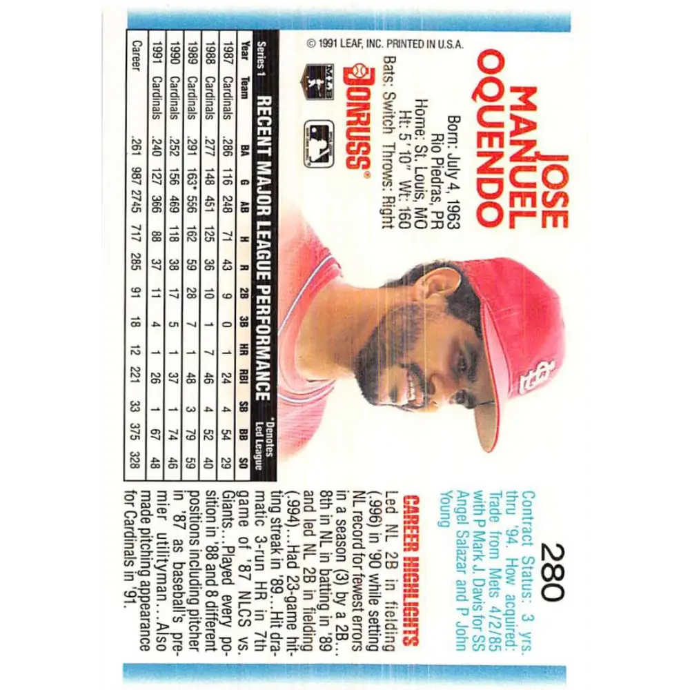 1992 Donruss #280 Jose Oquendo NM-MT St. Louis Cardinals Baseball Card Image 2