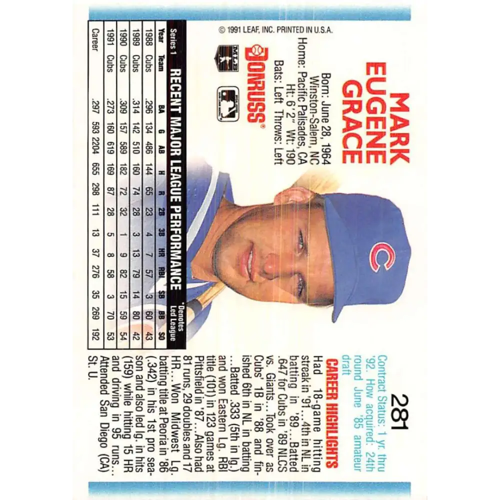 1992 Donruss #281 Mark Grace NM-MT Chicago Cubs Baseball Card Image 2