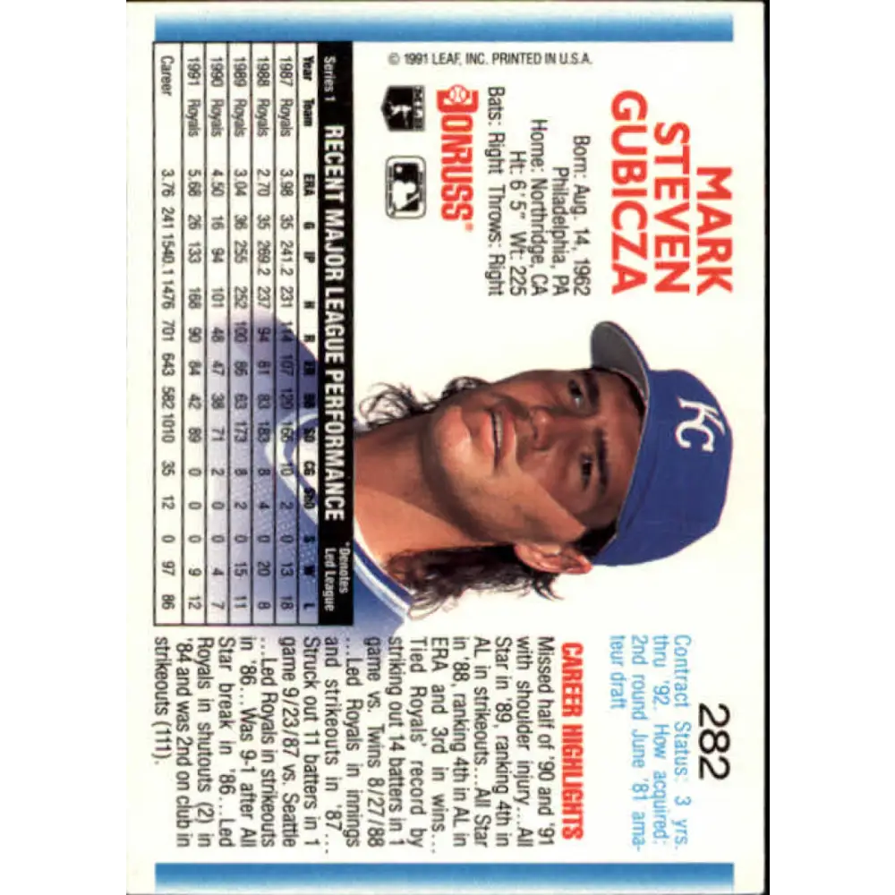 1992 Donruss #282 Mark Gubicza NM-MT Kansas City Royals Baseball Card Image 2