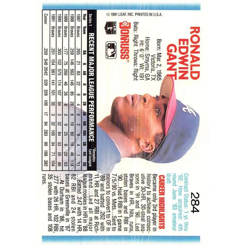 1992 Donruss #284 Ron Gant NM-MT Atlanta Braves Baseball Card Image 2