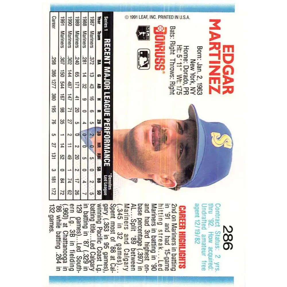1992 Donruss #286 Edgar Martinez NM-MT Seattle Mariners Baseball Card Image 2