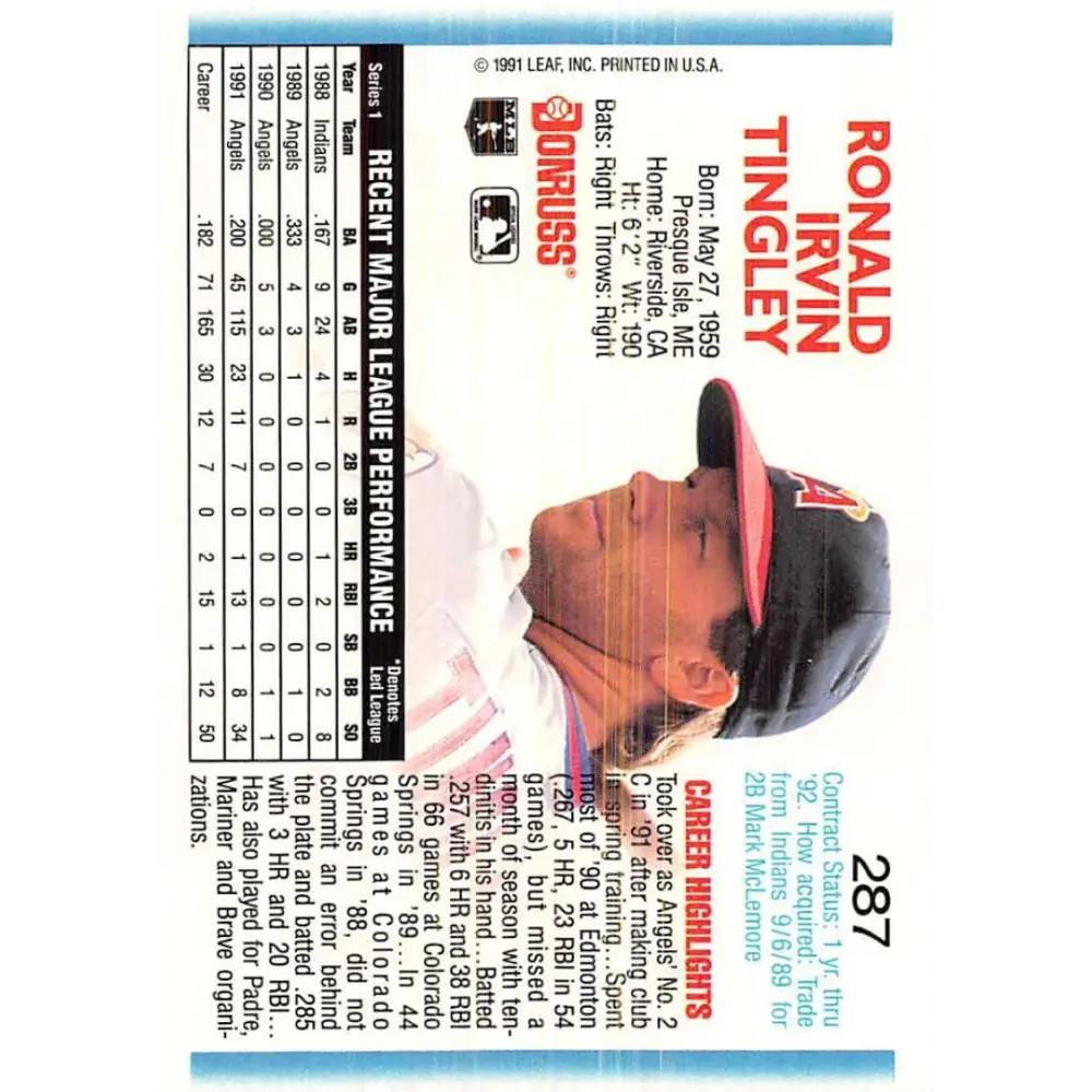 1992 Donruss #287 Ron Tingley NM-MT California Angels Baseball Card Image 2