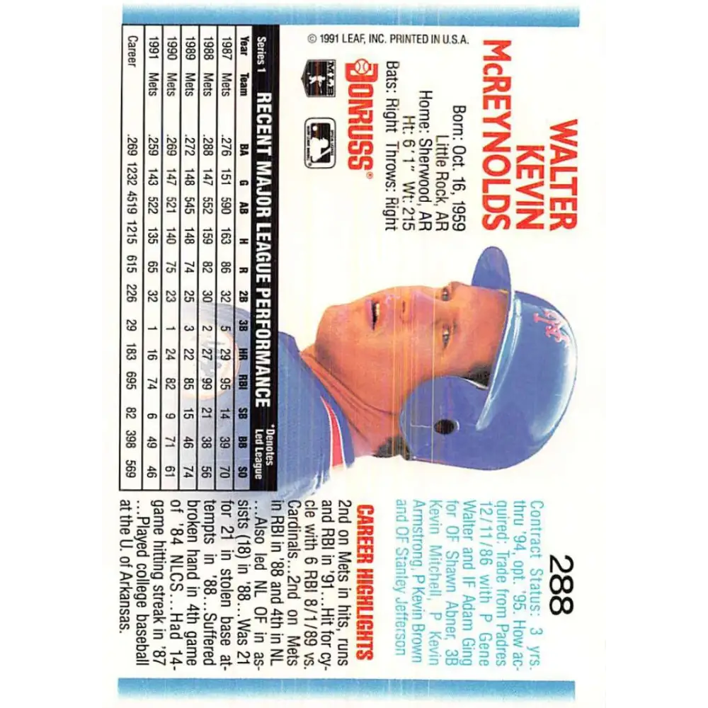 1992 Donruss #288 Kevin McReynolds NM-MT New York Mets Baseball Card Image 2
