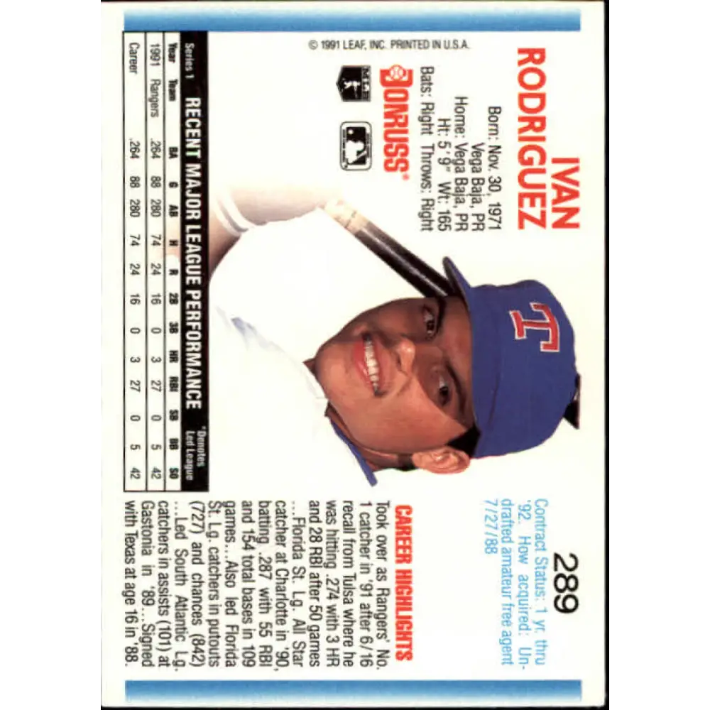 1992 Donruss #289 Ivan Rodriguez NM-MT Texas Rangers Baseball Card Image 2