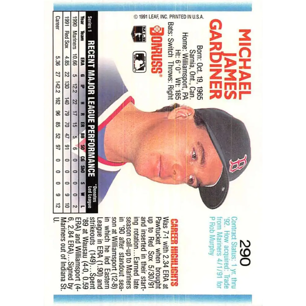 1992 Donruss #290 Mike Gardiner NM-MT Boston Red Sox Baseball Card Image 2