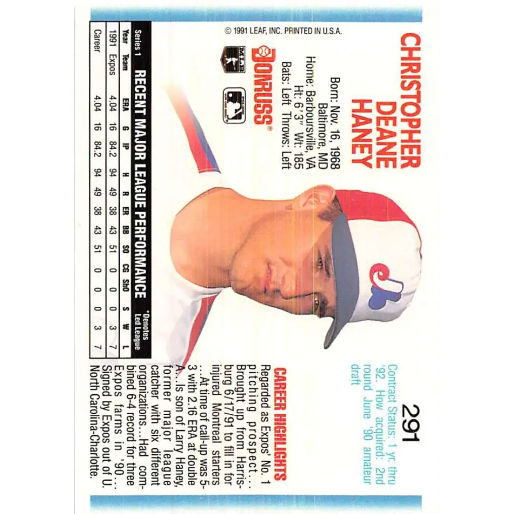 1992 Donruss #291 Chris Haney NM-MT Montreal Expos Baseball Card Image 2