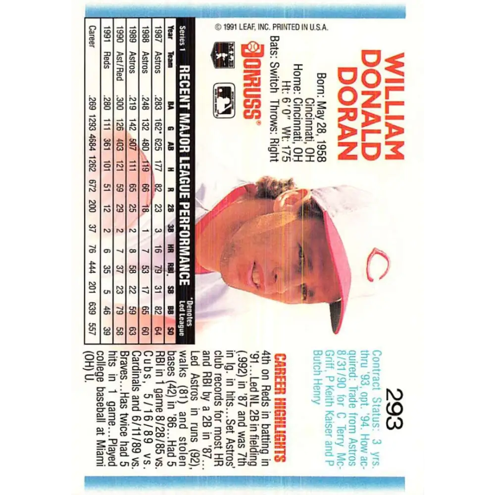 1992 Donruss #293 Bill Doran NM-MT Cincinnati Reds Baseball Card Image 2