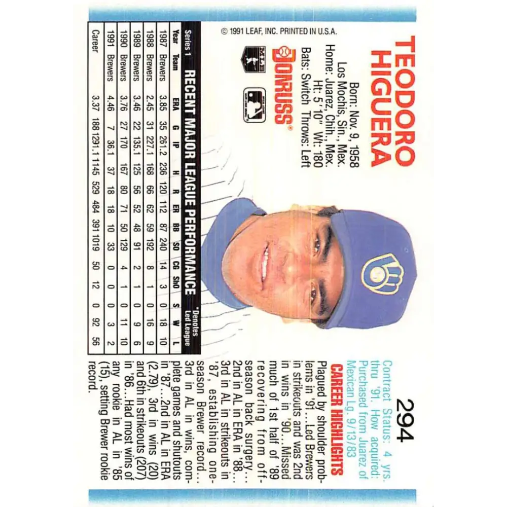 1992 Donruss #294 Teddy Higuera NM-MT Milwaukee Brewers Baseball Card Image 2