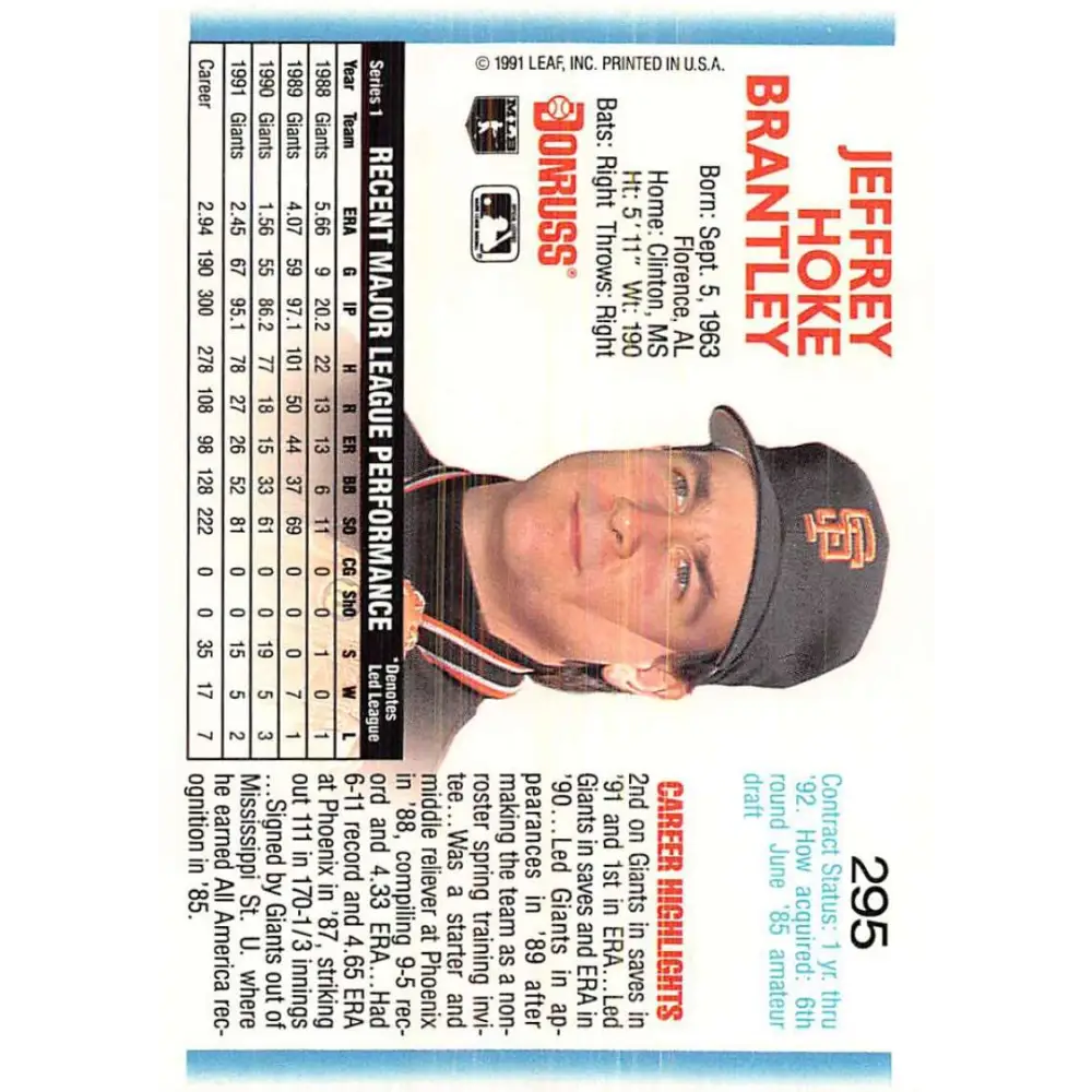 1992 Donruss #295 Jeff Brantley NM-MT San Francisco Giants Baseball Card Image 2