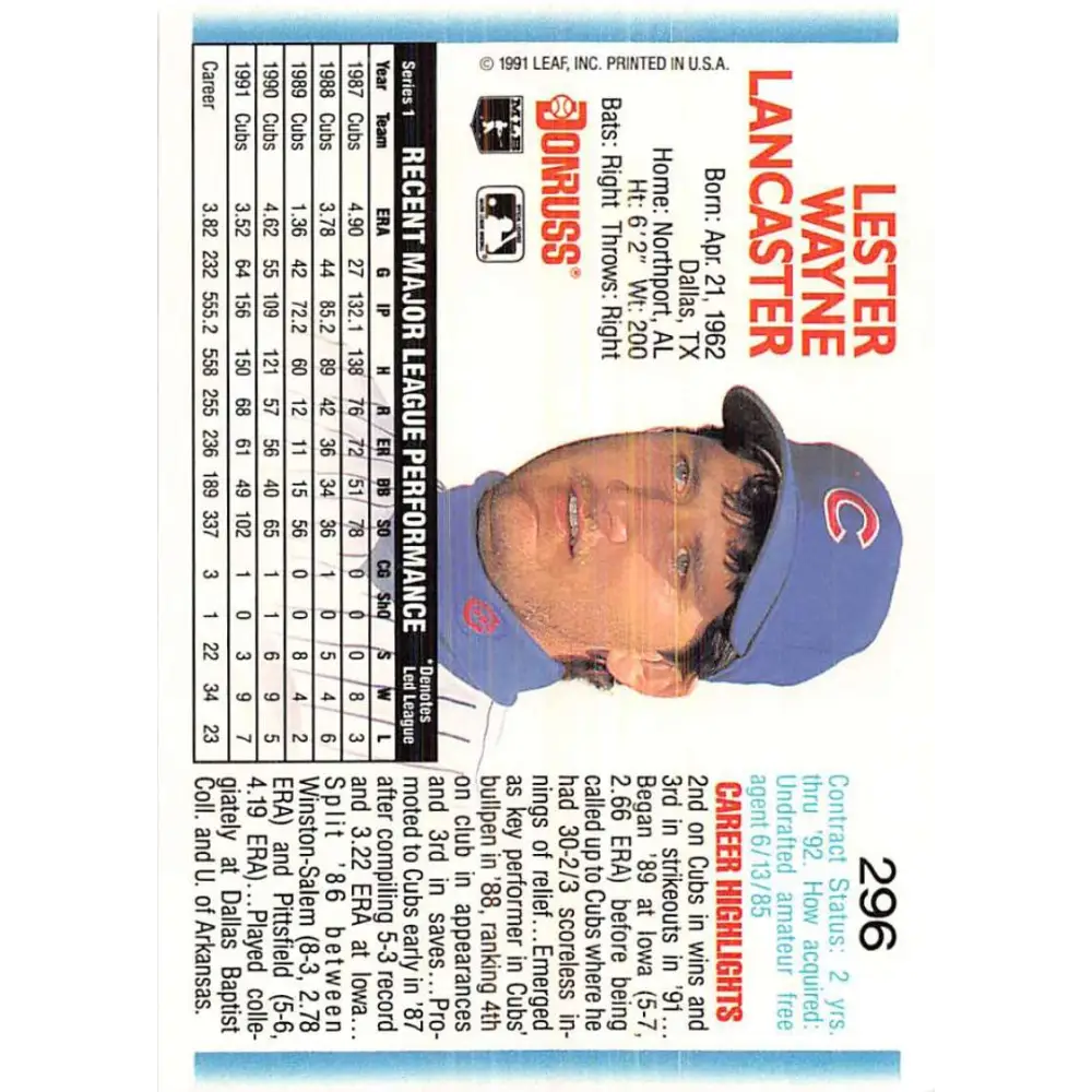 1992 Donruss #296 Les Lancaster NM-MT Chicago Cubs Baseball Card Image 2