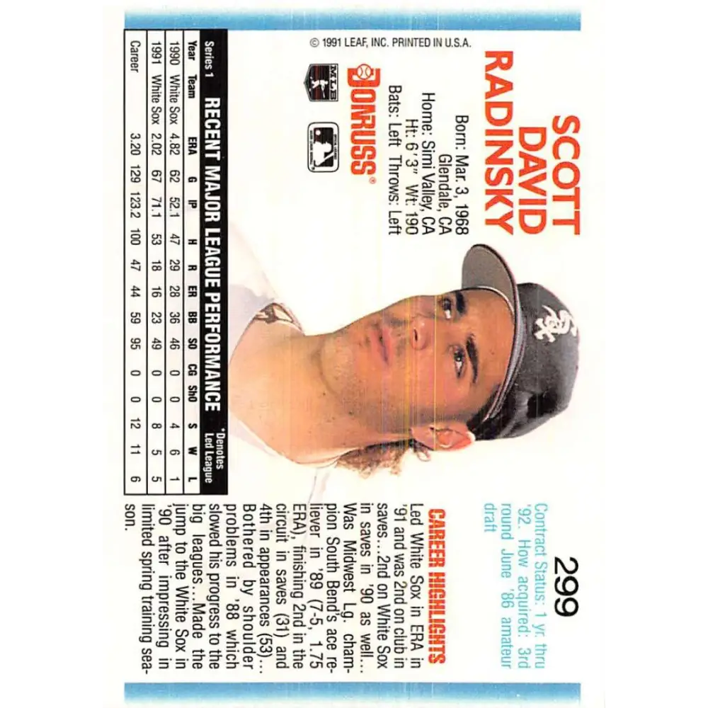 1992 Donruss #299 Scott Radinsky NM-MT Chicago White Sox Baseball Card Image 2