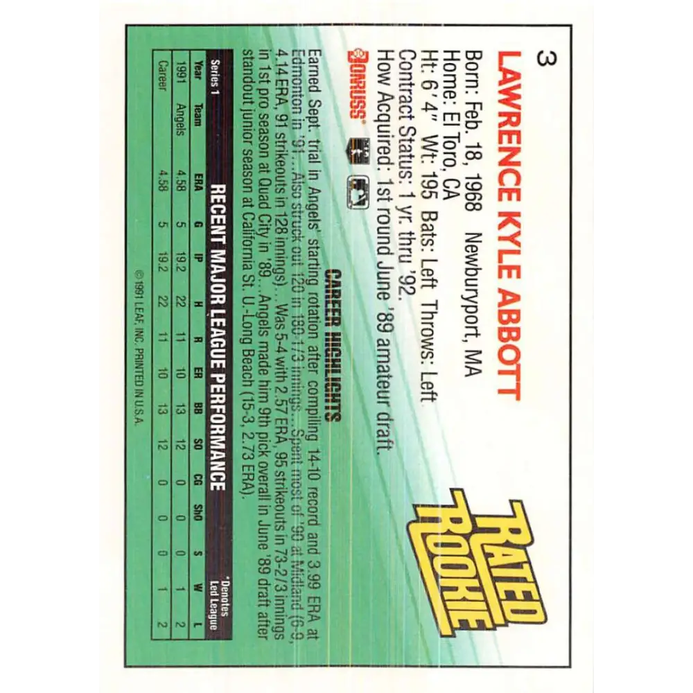 1992 Donruss #3 Kyle Abbott RR NM-MT California Angels Baseball Card Image 2