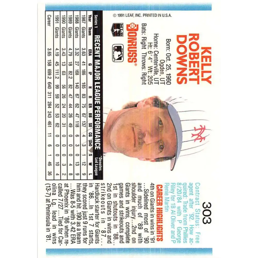 1992 Donruss #303 Kelly Downs NM-MT San Francisco Giants Baseball Card Image 2