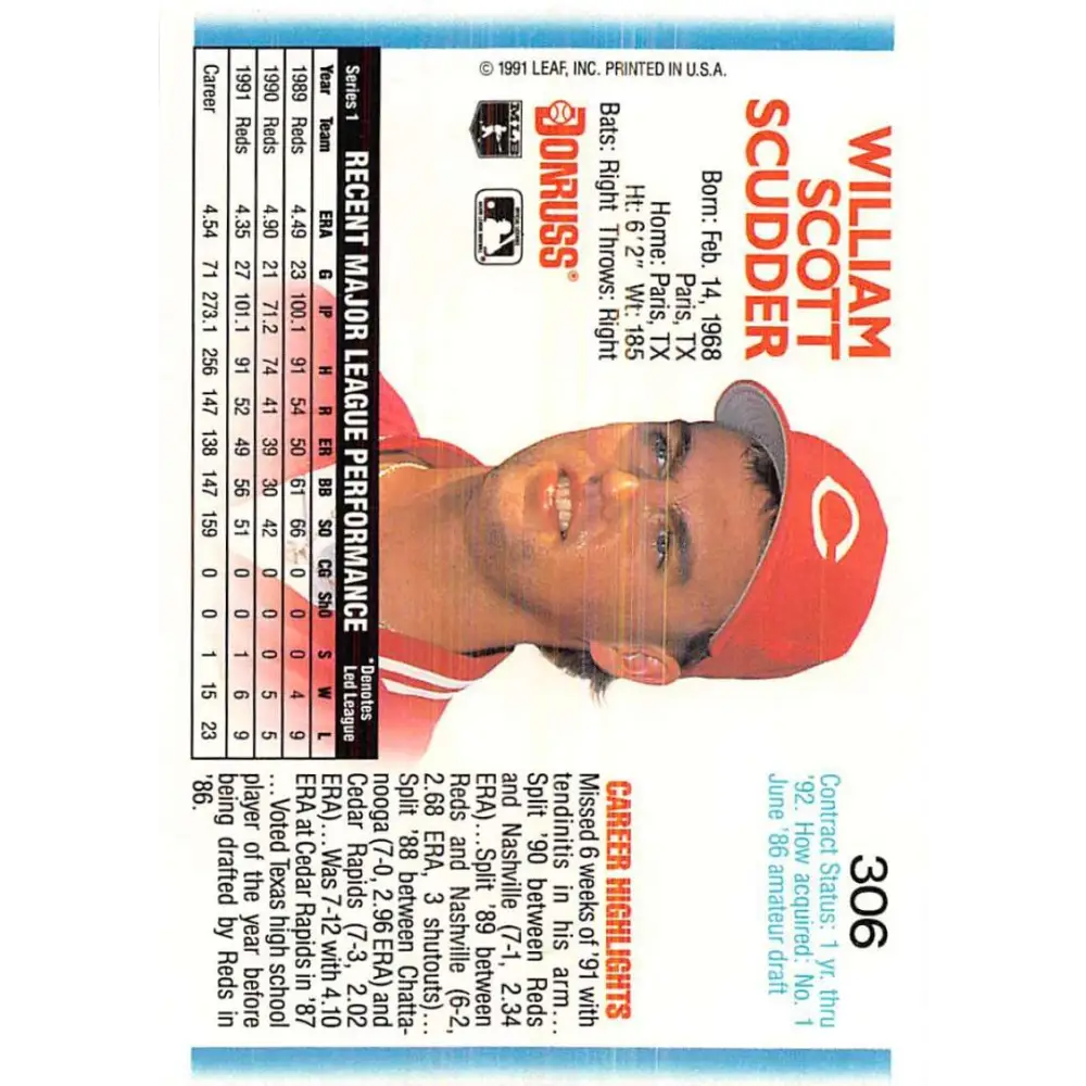 1992 Donruss #306 Scott Scudder NM-MT Cincinnati Reds Baseball Card Image 2