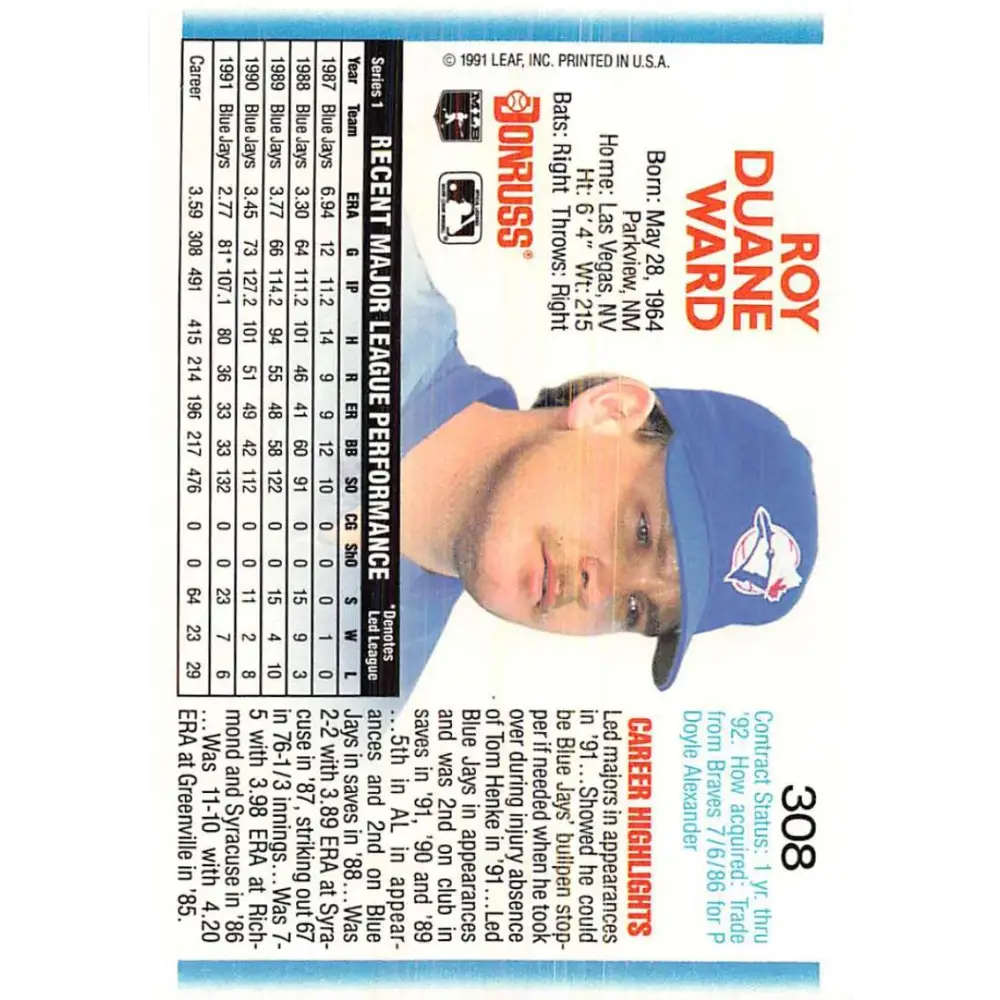 1992 Donruss #308 Duane Ward NM-MT Toronto Blue Jays Baseball Card Image 2