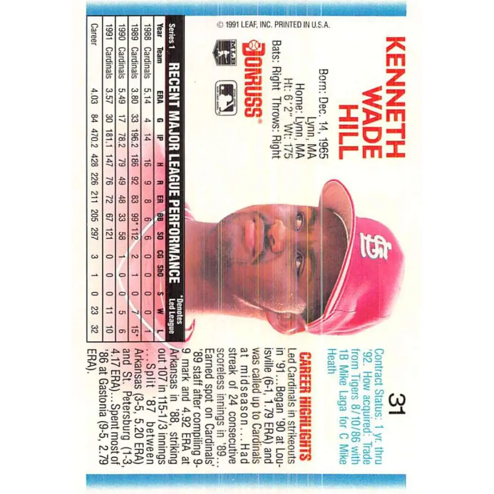 1992 Donruss #31 Ken Hill NM-MT St. Louis Cardinals Baseball Card Image 2