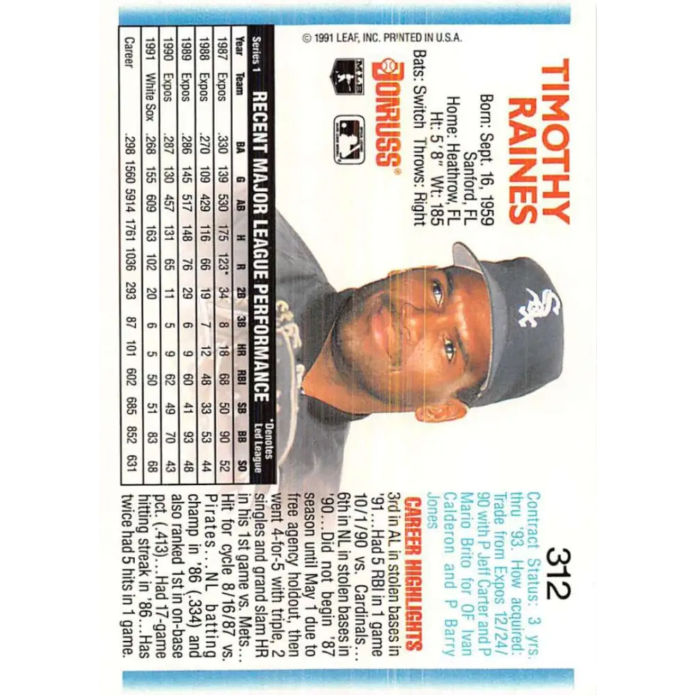 1992 Donruss #312 Tim Raines NM-MT Chicago White Sox Baseball Card Image 2
