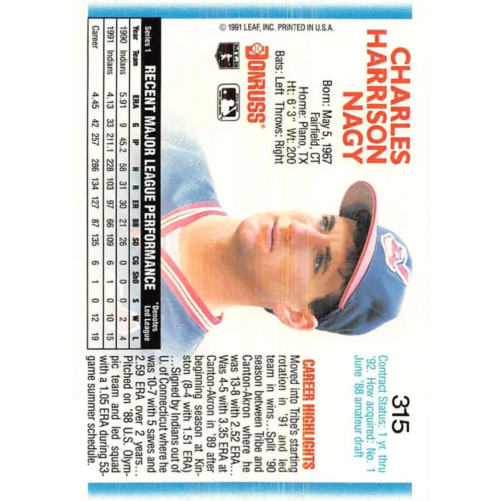 1992 Donruss #315 Charles Nagy NM-MT Cleveland Indians Baseball Card Image 2