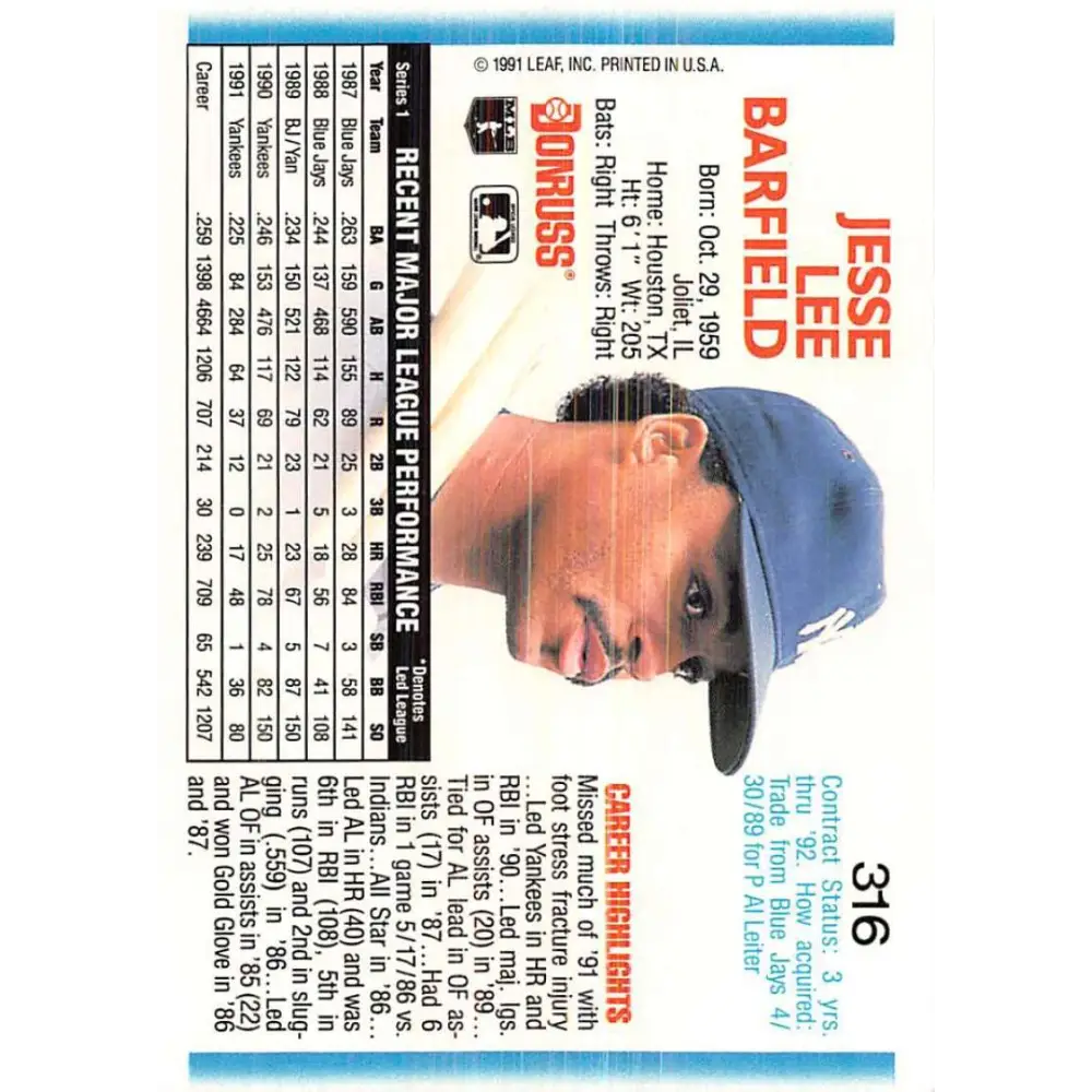 1992 Donruss #316 Jesse Barfield NM-MT New York Yankees Baseball Card Image 2