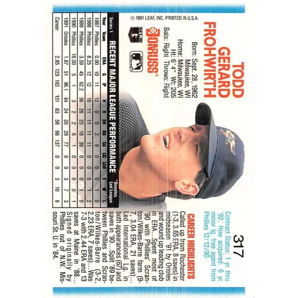 1992 Donruss #317 Todd Frohwirth NM-MT Baltimore Orioles Baseball Card Image 2