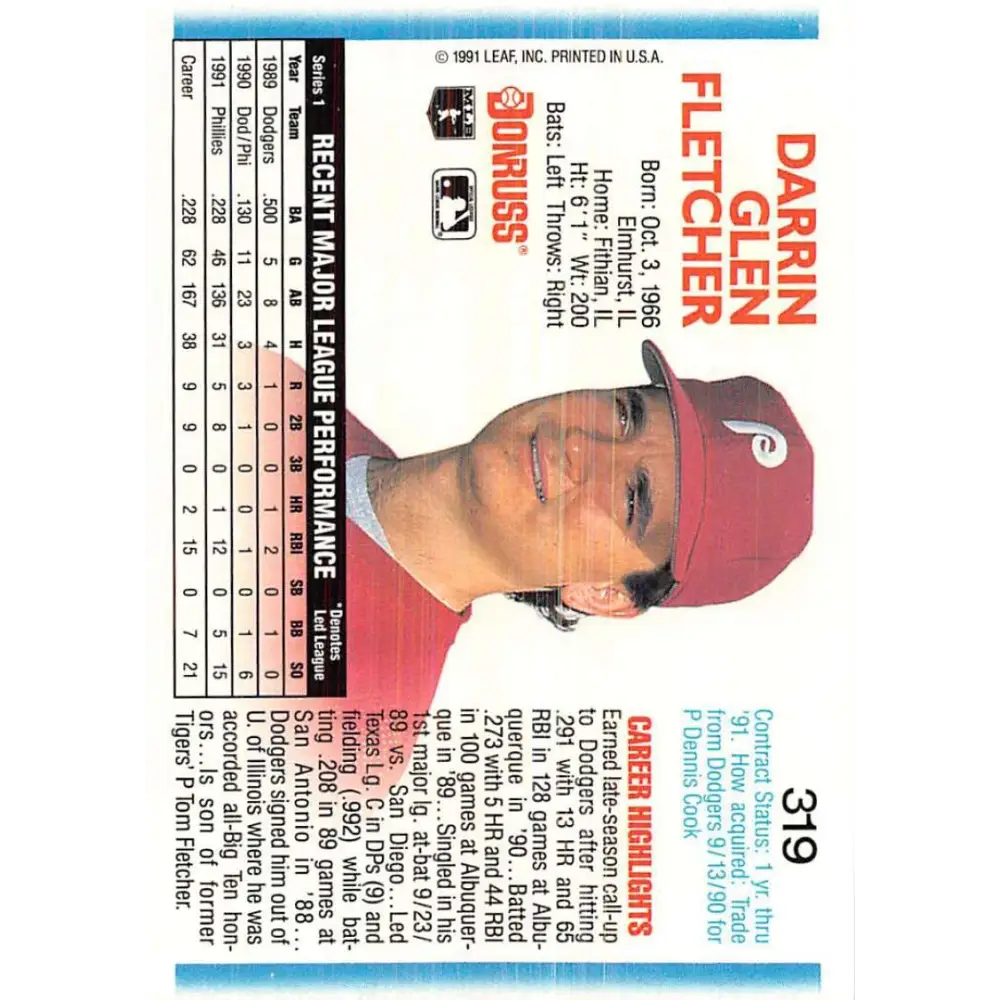 1992 Donruss #319 Darrin Fletcher NM-MT Philadelphia Phillies Baseball Card Image 2