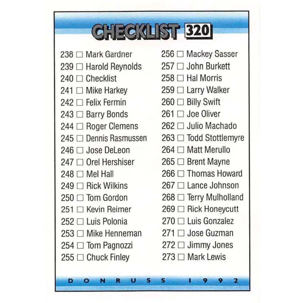 1992 Donruss #320 Checklist 238-316 NM-MT Checklist Baseball Card Image 1
