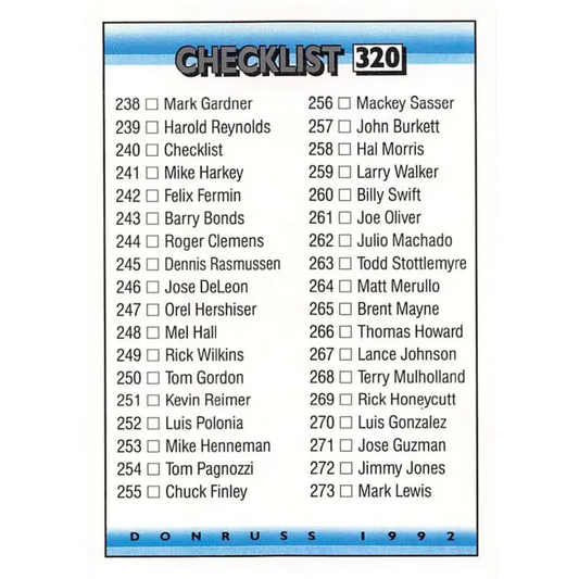1992 Donruss #320 Checklist 238-316 NM-MT Checklist Baseball Card Image 1