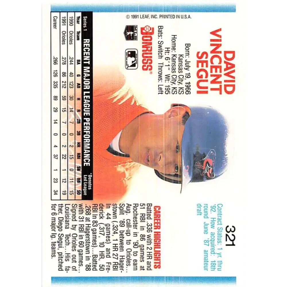 1992 Donruss #321 David Segui NM-MT Baltimore Orioles Baseball Card Image 2