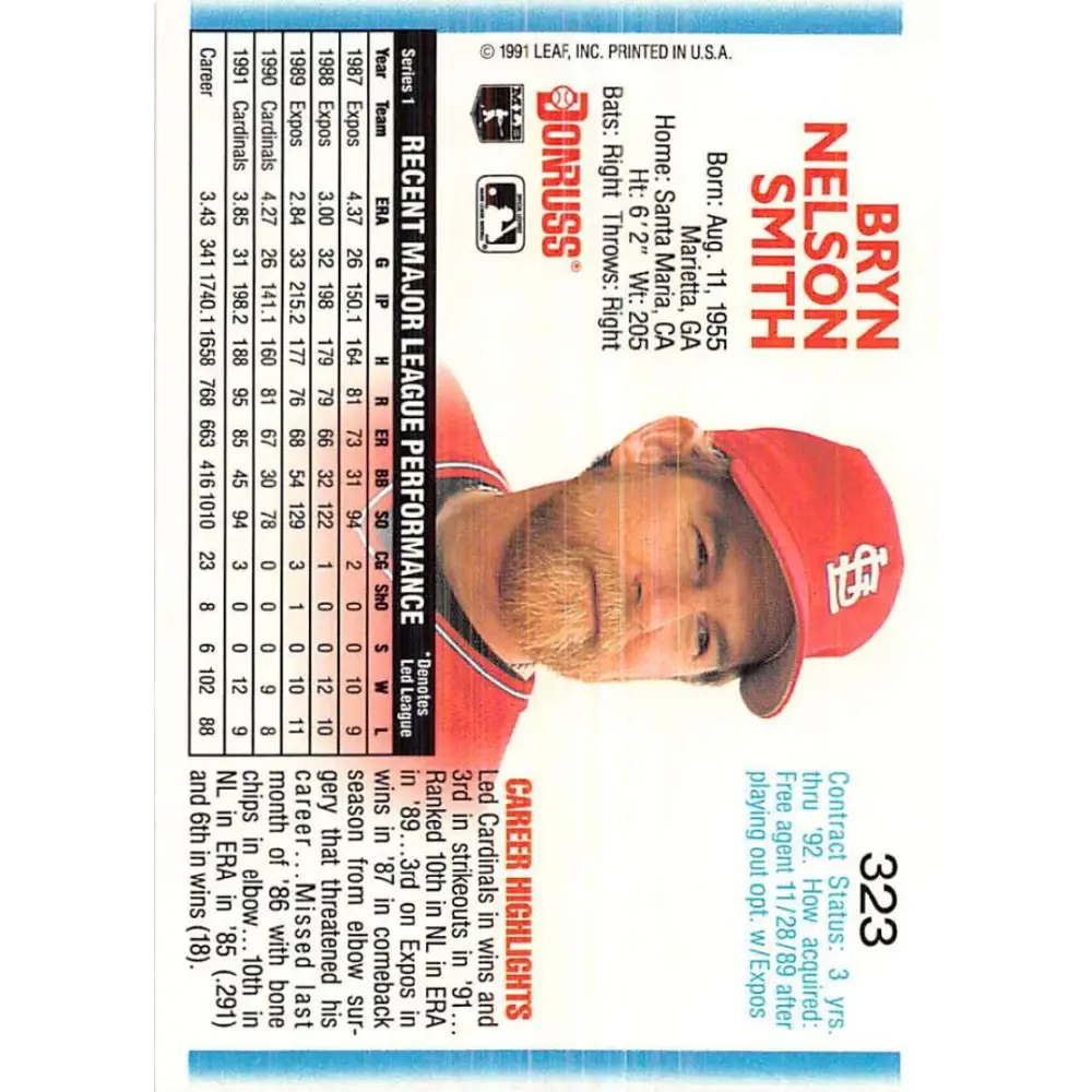 1992 Donruss #323 Bryn Smith NM-MT St. Louis Cardinals Baseball Card Image 2
