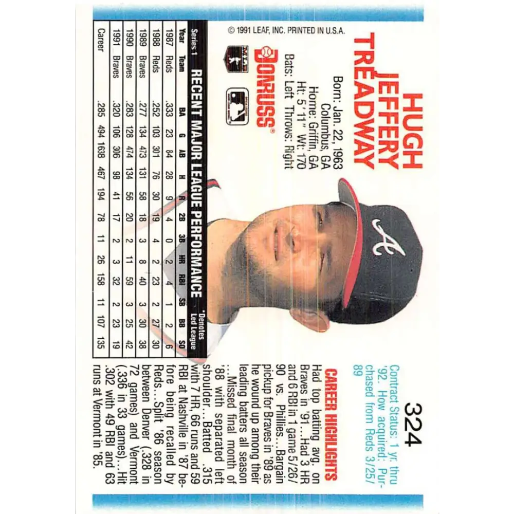 1992 Donruss #324 Jeff Treadway NM-MT Atlanta Braves Baseball Card Image 2