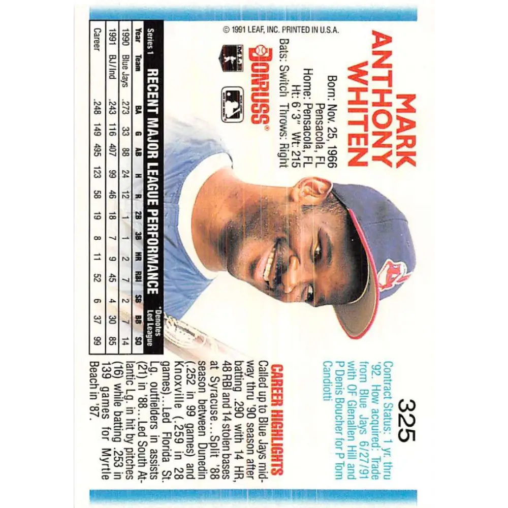1992 Donruss #325 Mark Whiten NM-MT Cleveland Indians Baseball Card Image 2