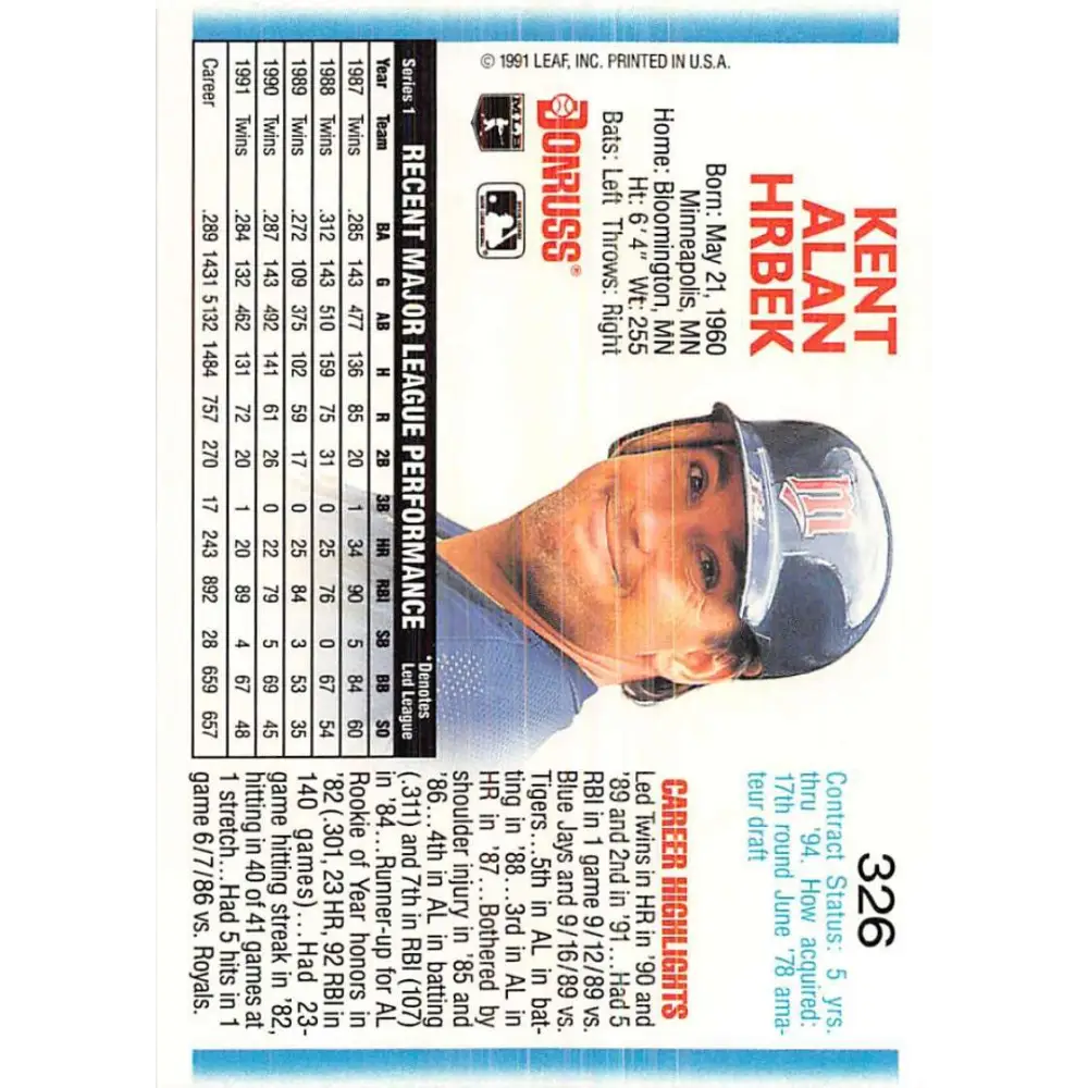 1992 Donruss #326 Kent Hrbek NM-MT Minnesota Twins Baseball Card Image 2