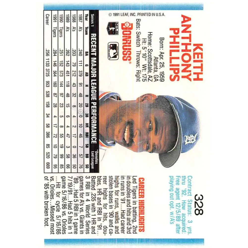 1992 Donruss #328 Tony Phillips NM-MT Detroit Tigers Baseball Card Image 2