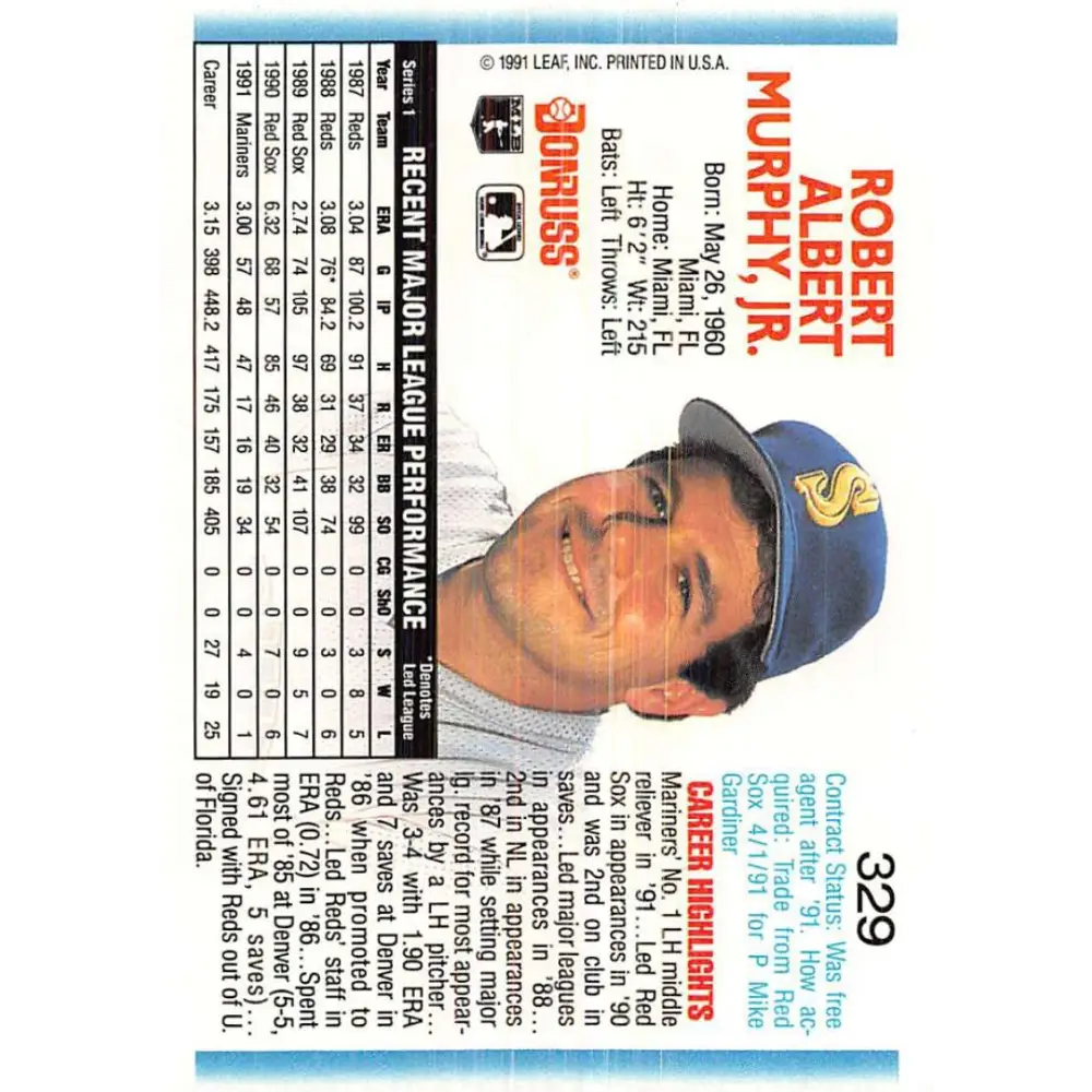 1992 Donruss #329 Rob Murphy NM-MT Seattle Mariners Baseball Card Image 2