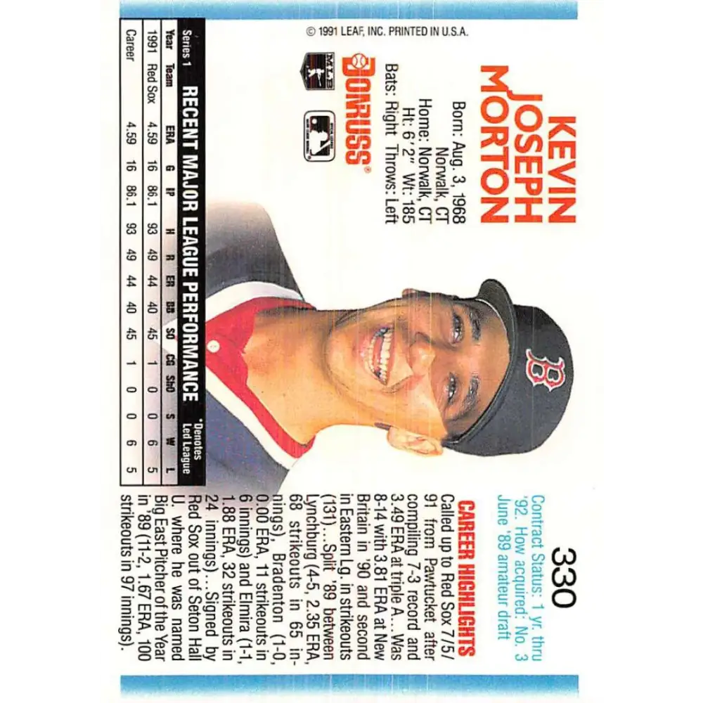 1992 Donruss #330 Kevin Morton NM-MT Boston Red Sox Baseball Card Image 2