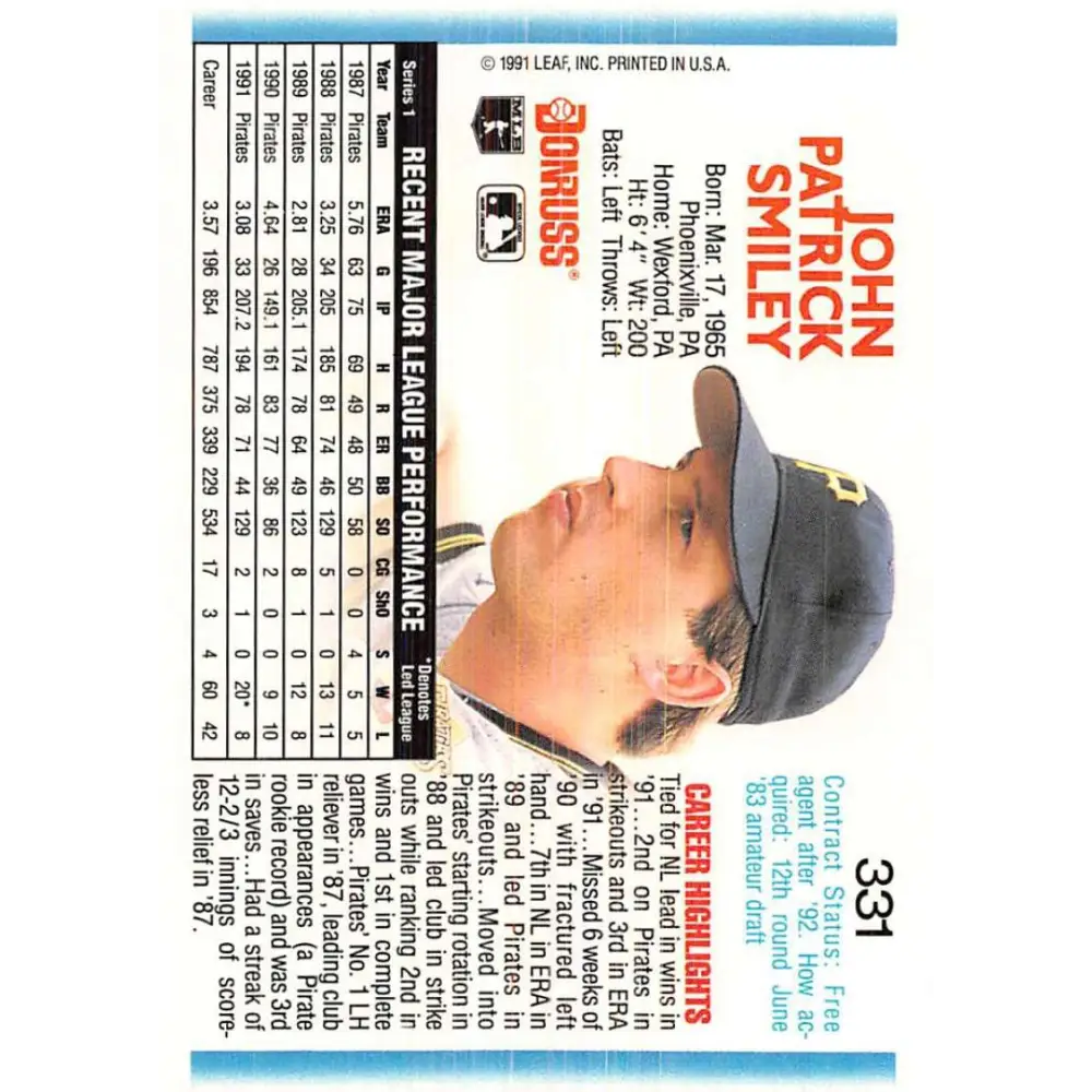 1992 Donruss #331 John Smiley NM-MT Pittsburgh Pirates Baseball Card Image 2