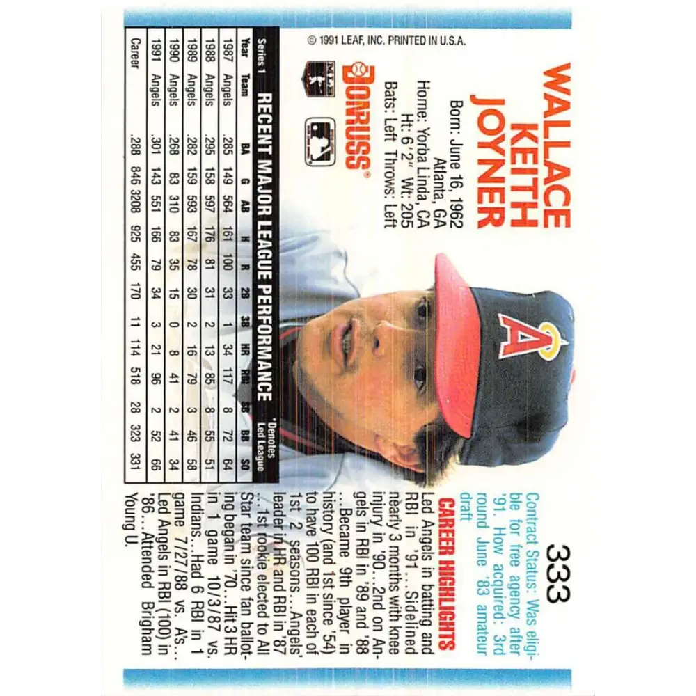 1992 Donruss #333 Wally Joyner NM-MT California Angels Baseball Card Image 2