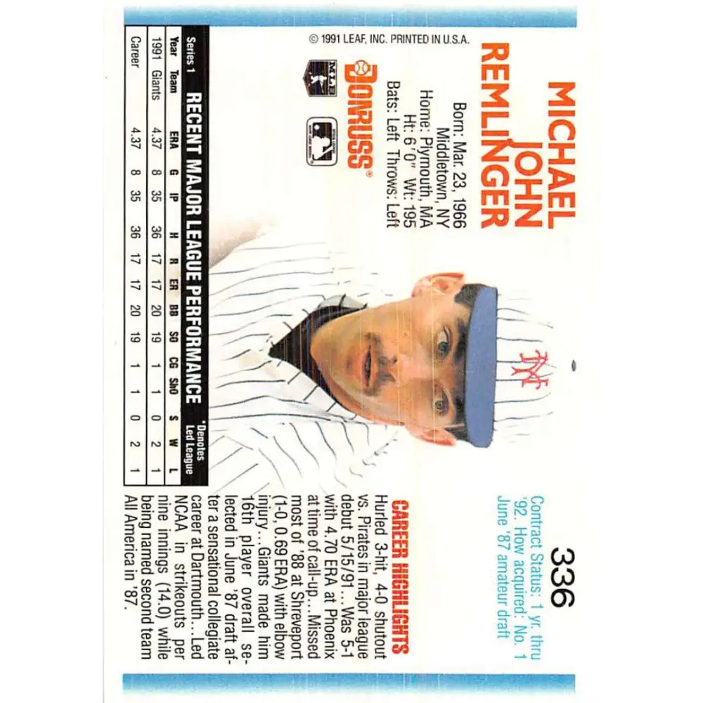1992 Donruss #336 Mike Remlinger NM-MT San Francisco Giants Baseball Card Image 2