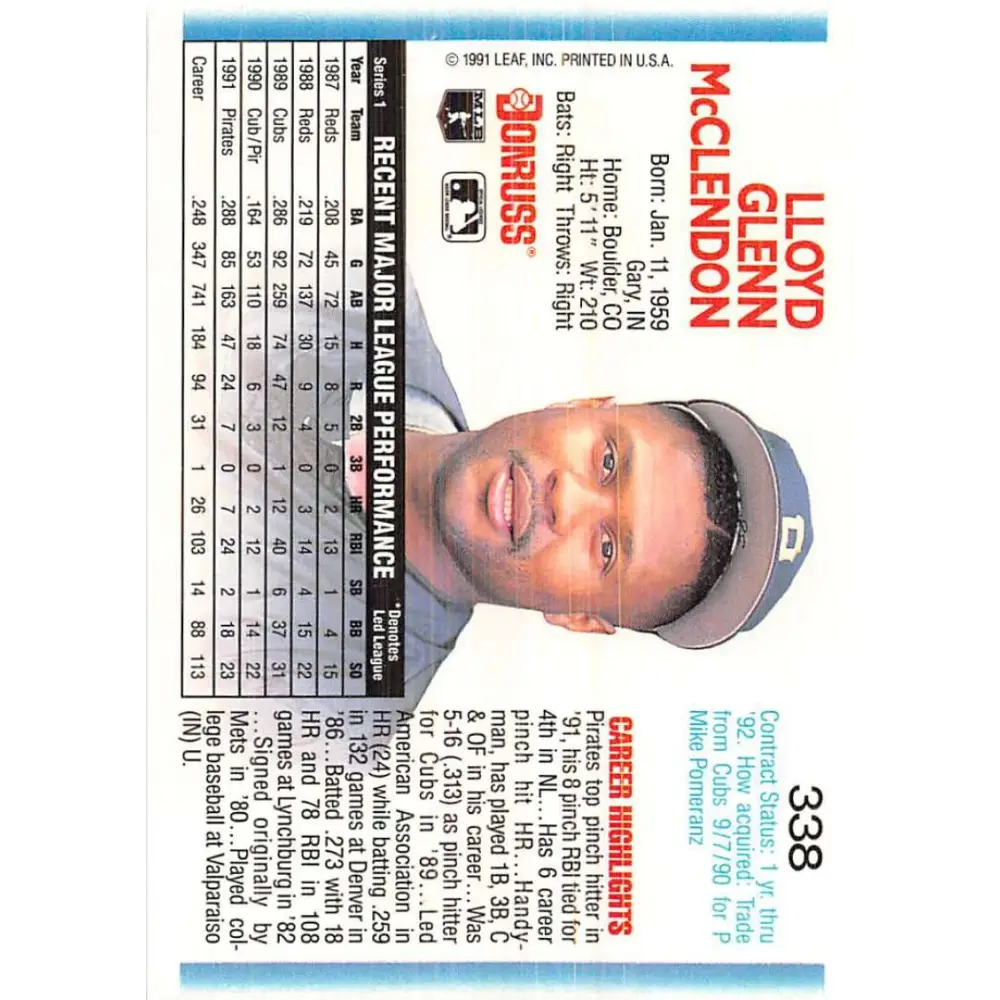 1992 Donruss #338 Lloyd McClendon NM-MT Pittsburgh Pirates Baseball Card Image 2