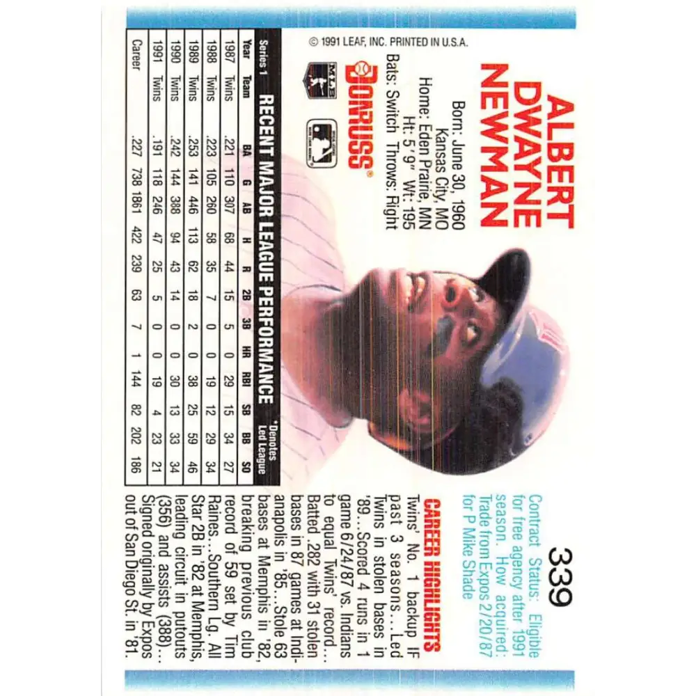 1992 Donruss #339 Al Newman NM-MT Minnesota Twins Baseball Card Image 2