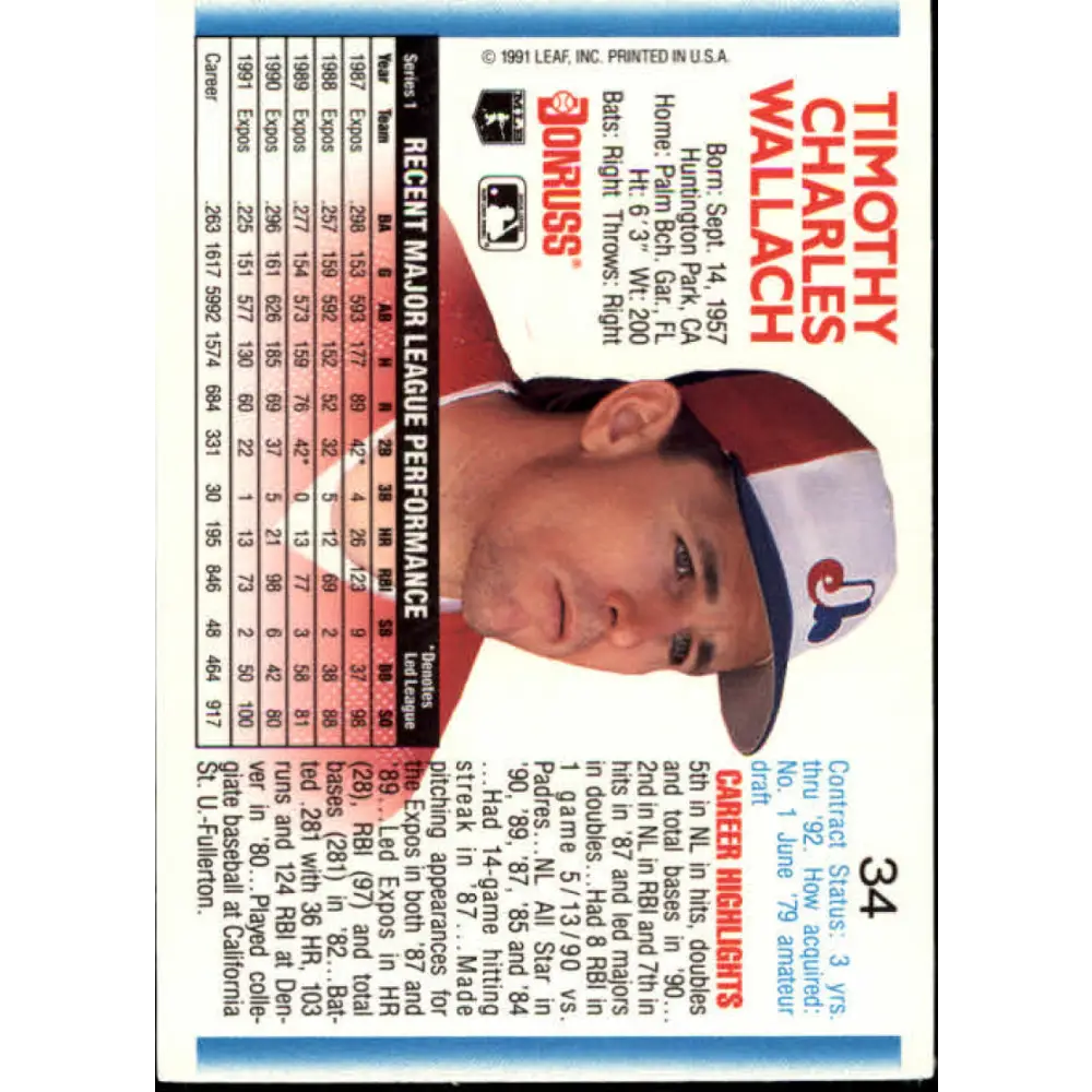 1992 Donruss #34 Tim Wallach NM-MT Montreal Expos Baseball Card Image 2